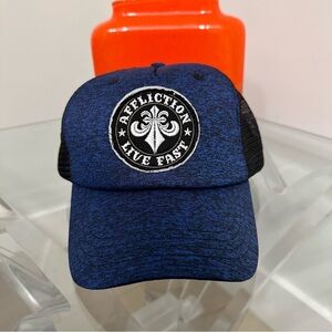 Affliction Blue Black Snapback Mesh Trucker Hat Live Fast Patch Casual EUC